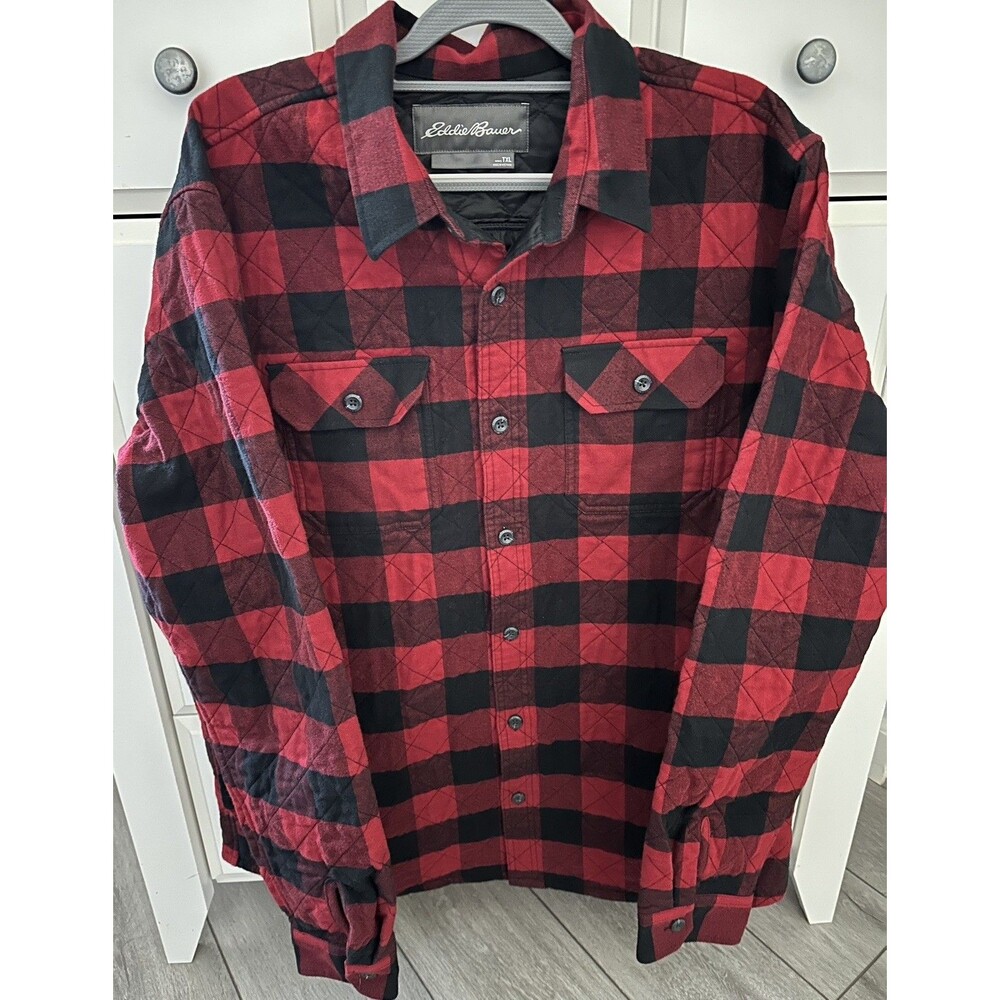 Eddie Bauer Quilted Flannel Shirt Jacket Men TXL Red Black Buffalo Plaid Shacket